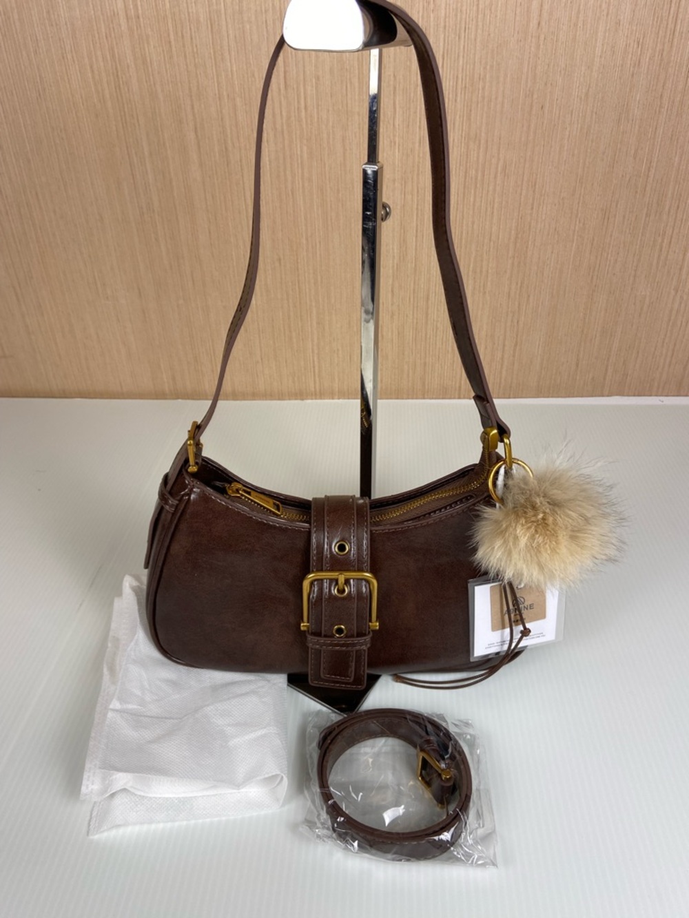 A9NINE Brown Leather Baguette Bag Adjustable Shoulder Crossbody NWT